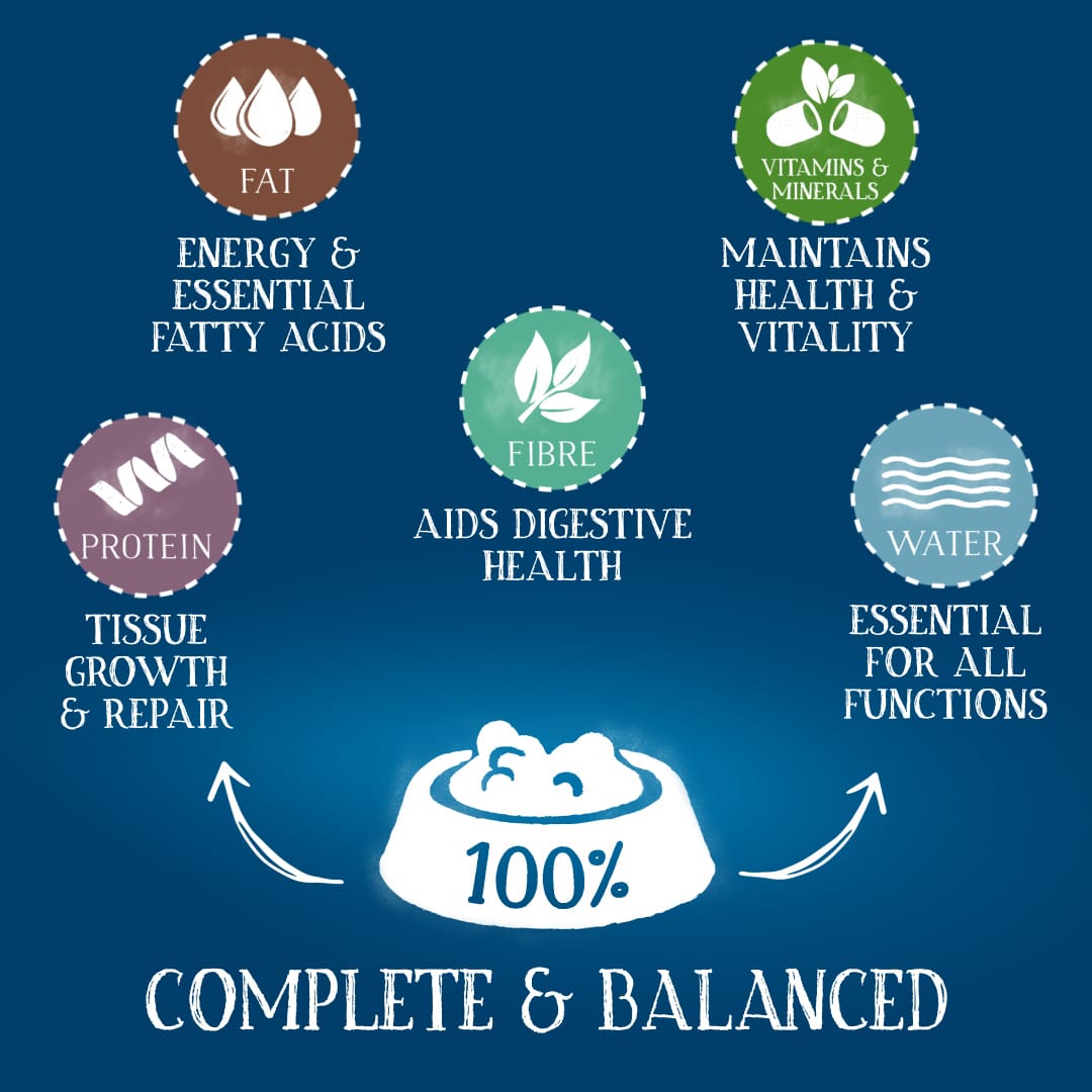 100% complete and balanced dog food, containing all the required nutrients: protein, fat, water, vitamins and minerals, and water